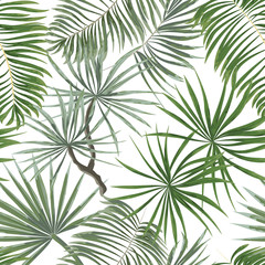 seamless pattern of bright green tropical leaves on white background.Vector Tropical palm leaves seamless pattern. Jungle floral ornamental background. Florals for your poster, banner flayer.