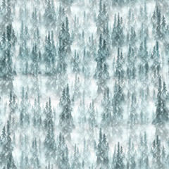     Seamless watercolor pattern, background. Blue spruce, pine, cedar, larch, abstract forest, silhouette of trees. Foggy forest