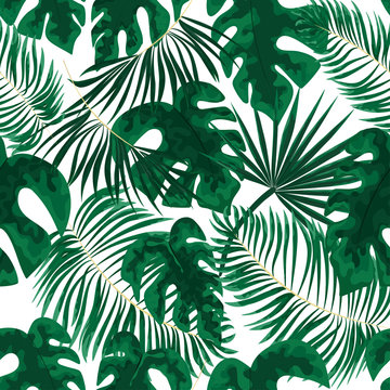 seamless pattern of bright green tropical leaves on black background. Tropical palm leaves, jungle leaves seamless vector floral pattern background.