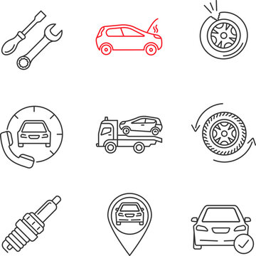 Auto workshop linear icons set