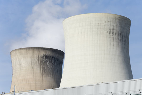 Close up of two cooling towers
