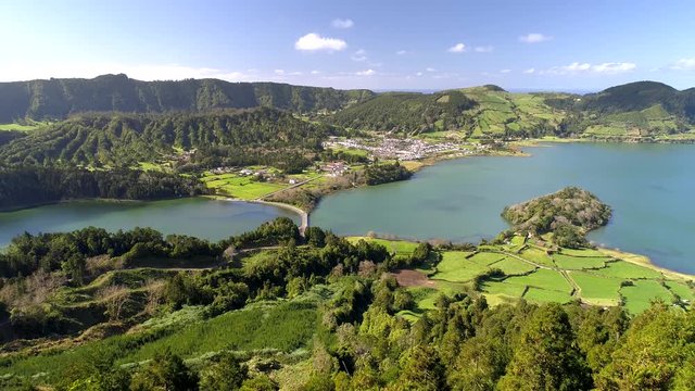 Aerial shot of Lagoa das Sete Cidades - lakes and town on Sao Miguel Island, Portuguese archipelago of the Azores.
