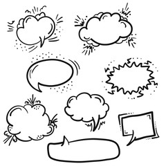 Set of cute black outline cartoon empty retro comic speech bubbles in pop art style. Sketcy hand drawn message balloons for comics book or advertising text, web design, banners