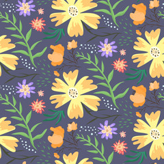 Contrast floral summer seamless pattern with orange, red and violet flowers. Cute cartoon hand drawn texture with blossoms, leaves, waterdrops for textile, wrapping paper, print design, surface