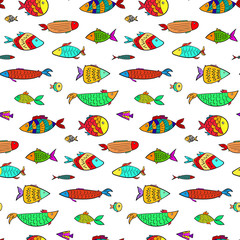 Cute colorful cartoon decorated fishes seamless pattern. Stylized doodle hand drawn cute bright aquarium or river fish texture for kids textile, swimwear, wrapping paper, background, surface