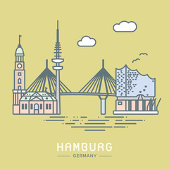 Hamburg city landmarks vector illustration - obrazy, fototapety, plakaty