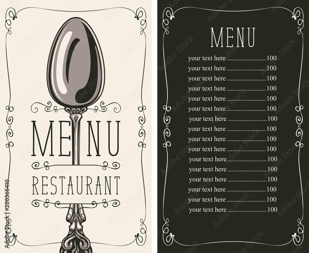 Poster vector template menu for restaurant with price list and realistic spoon in figured frame with curls 