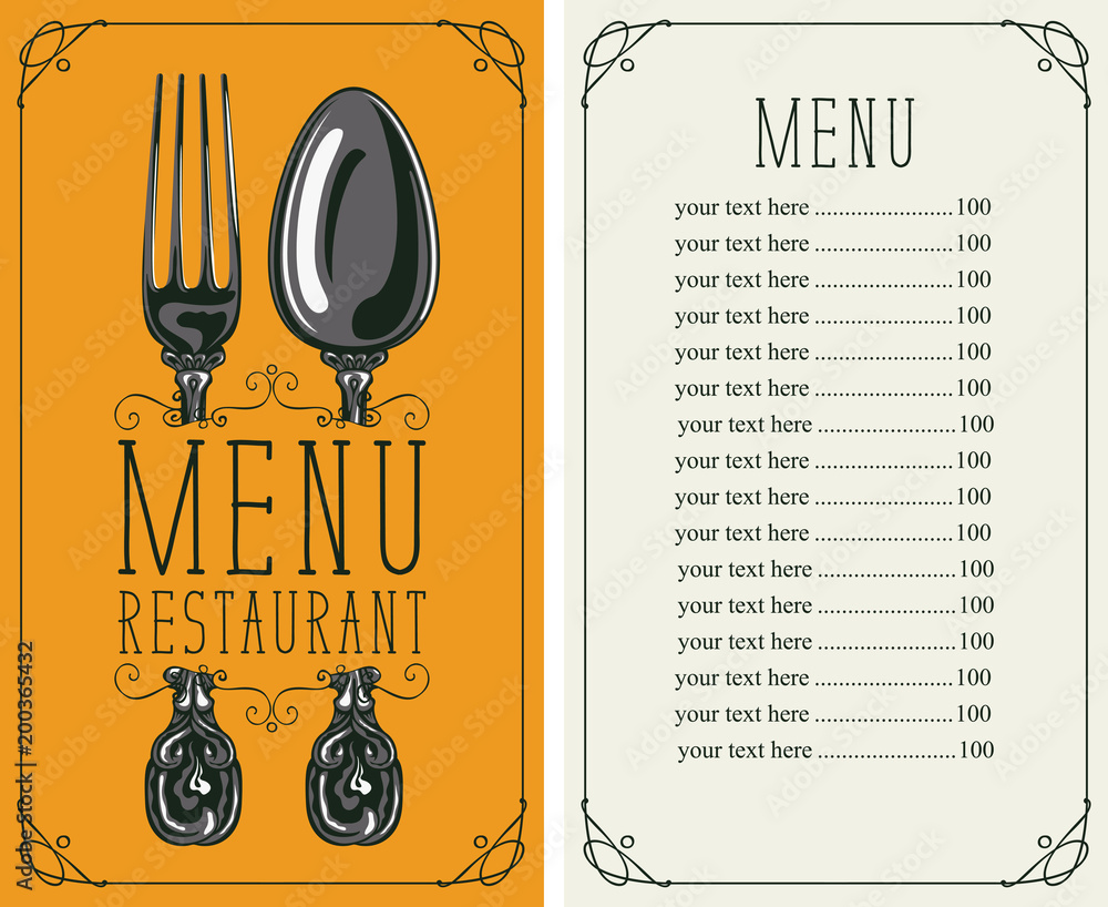 Poster vector template menu for restaurant with price list, realistic fork and spoon in figured frame with 