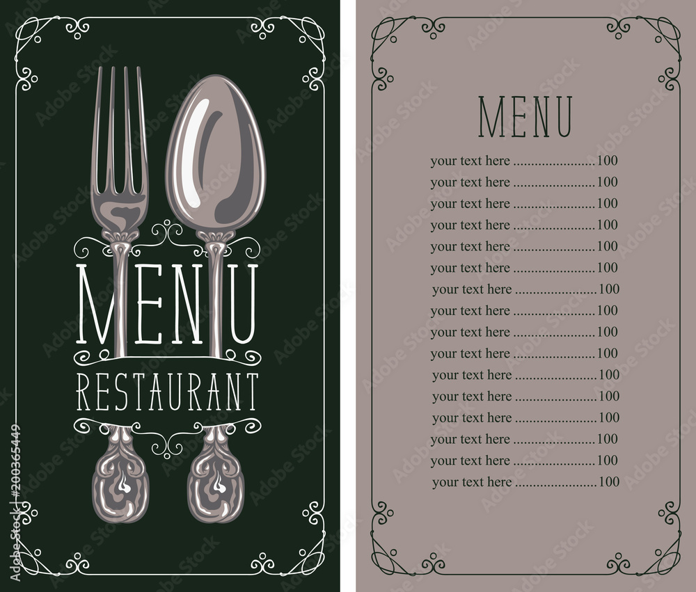 Poster vector template menu for restaurant with price list, realistic fork and spoon in figured frame with 