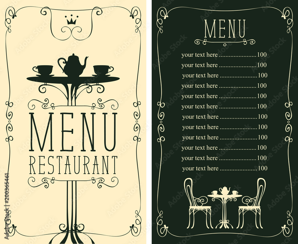 Poster vector menu for restaurant or cafe with a price list and a table for two, chairs and tea in a figure