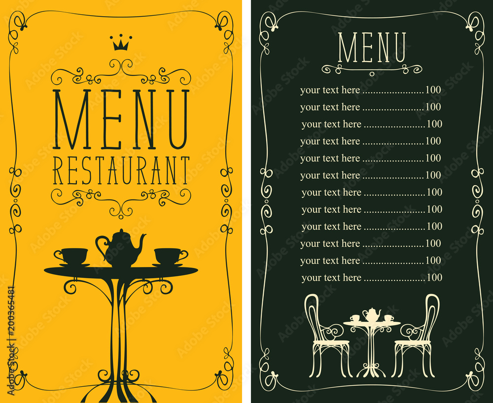 Poster vector menu for restaurant or cafe with a price list and a table for two, chairs and tea in a figure