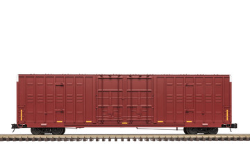 Obraz premium Railroad Box Car / Bordowy wagon kolejowy na torze.