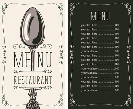 Vector template menu for restaurant with price list and realistic spoon in figured frame with curls in retro style