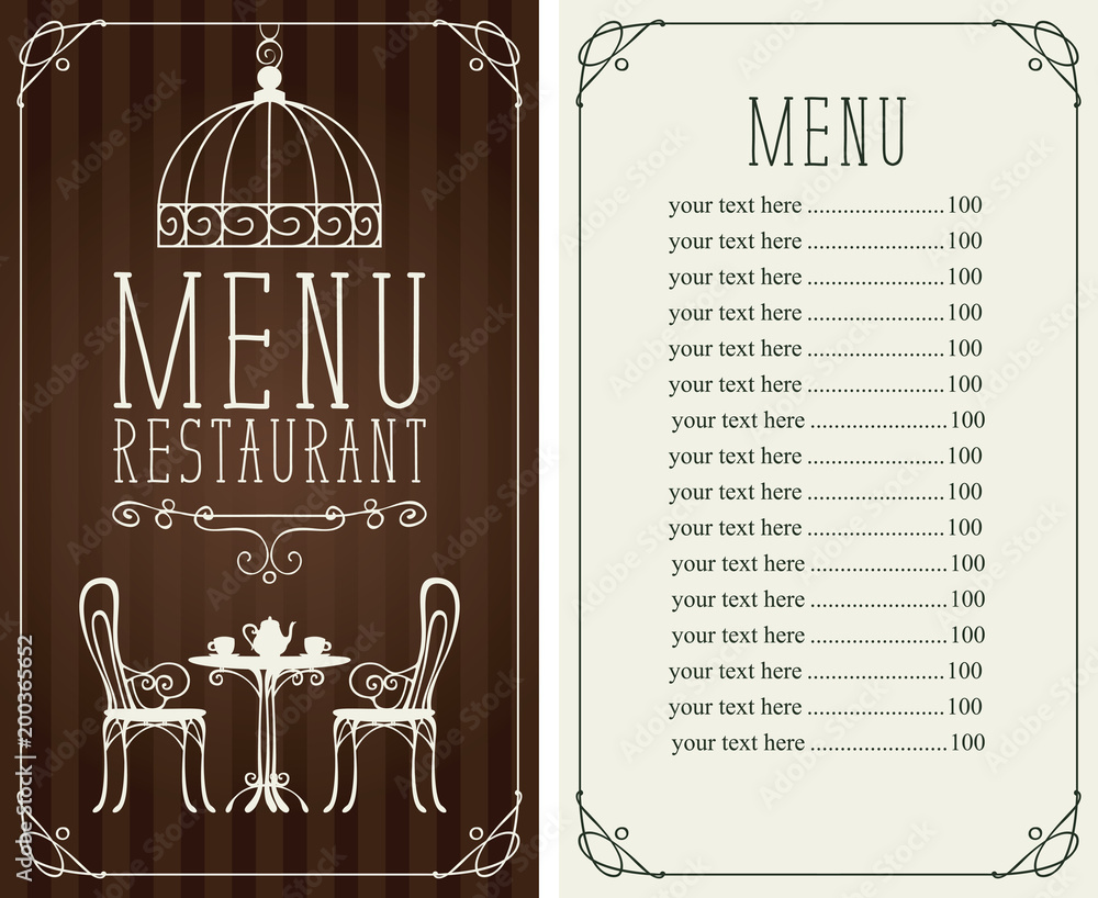 Poster vector menu for restaurant or cafe with a price list and a table for two, chairs and tea in a figure