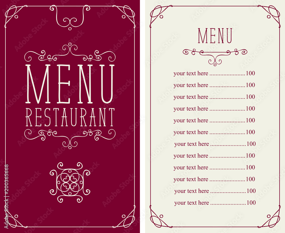 Poster vector menu for restaurant with curlicues and price list in curly frame in retro style