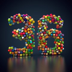 Zahl 36 aus bunten Spielwürfeln 