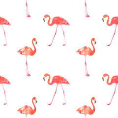 Seamless watercolor pattern with a bird flamingo. Beautiful pink bird. Tropical flamingo.