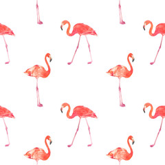 Fototapeta premium Seamless watercolor pattern with a bird flamingo. Beautiful pink bird. Tropical flamingo.