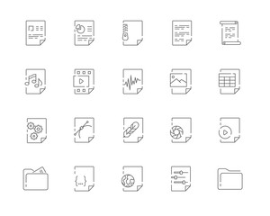 Simple set of File types vector line web icons. Contains such Icons as Document DOC, Presentation PPT, Table XLS, Video AVI, Image JPG and more. Editable Stroke. 48x48 Pixel Perfect.