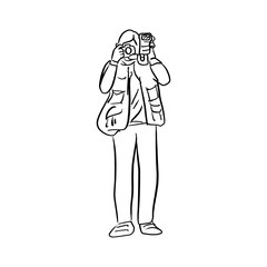 doodle photographer shooting photo with retro camera vector illustration sketch hand drawn with black lines isolated on white background