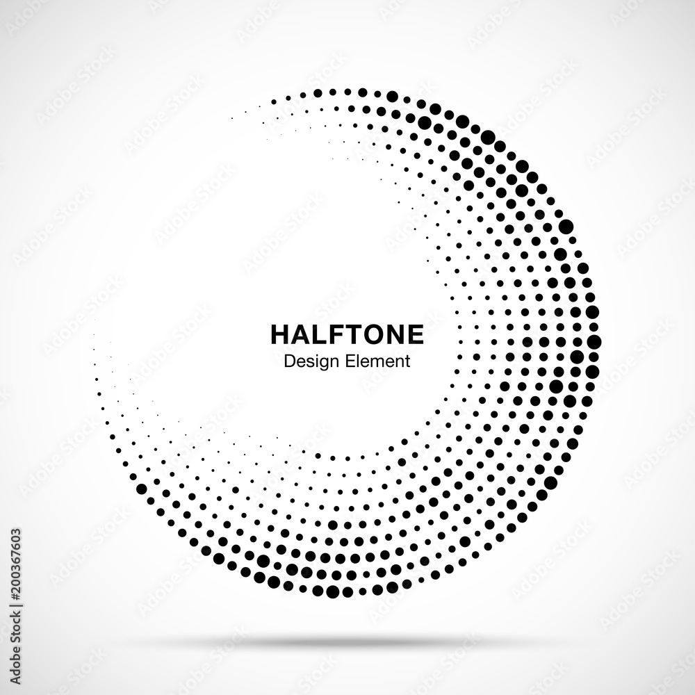 Poster halftone circle frame with black abstract random dots, logo emblem design element for technology, me
