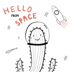 Sierkussen Hand drawn portrait of a cute funny cactus in space, waving, with typography. Isolated objects on white background. Line drawing. Vector illustration. Design concept for children print. © Maria Skrigan