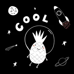 Sierkussen Hand drawn portrait of a cute funny pineapple flying in space, with typography. Isolated objects on white background. Line drawing. Vector illustration. Design concept for children print. © Maria Skrigan