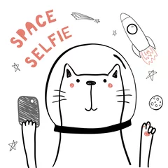 Papier Peint photo Lavable Illustration Hand drawn portrait of a cute funny cat in space with a smart phone, taking selfie. Isolated objects on white background. Line drawing. Vector illustration. Design concept for children print.