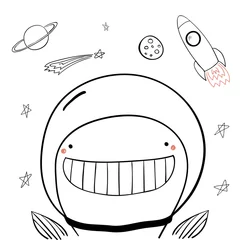 Sierkussen Hand drawn portrait of a cute funny whale in space, waving. Isolated objects on white background. Line drawing. Vector illustration. Design concept for children print. © Maria Skrigan