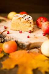 Wooden board with cake, cranberries, apples and powdered sugar