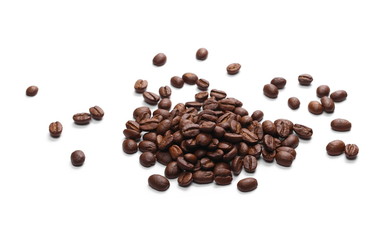 Pile coffee beans isolated on white background and texture