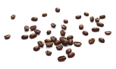 Pile coffee beans isolated on white background and texture