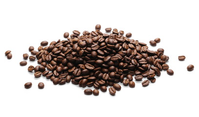 Pile coffee beans isolated on white background and texture
