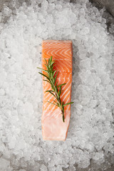 top view of slice of red fish with rosemary branch on crushed ice