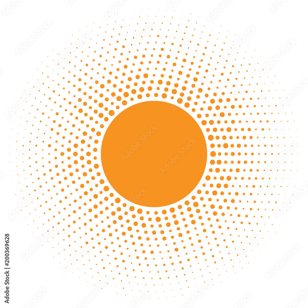Wall mural sun icon. halftone orange circle with random circles texture logo design element. vector illustratio