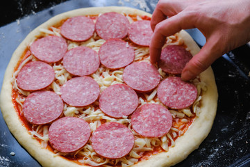 Fresh original Italian raw pizza, preparation on a baking tray in the oven