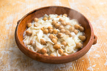 Lagane e ceci, dish of italian pasta with chickpeas, typical Italian Food