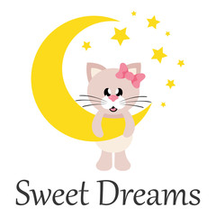 cartoon cute cat girl with bow on a moon with text