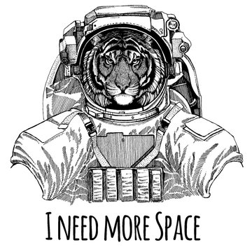 Wild tiger Astronaut. Space suit. Hand drawn image of lion for tattoo, t-shirt, emblem, badge, logo patch kindergarten poster children clothing
