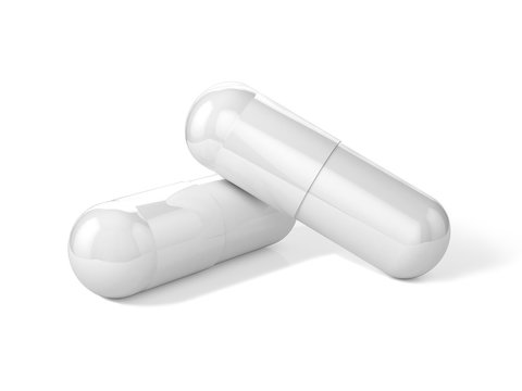 3D Illustration of two white capsule pills
