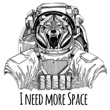 Wolf Dog Wild animal Astronaut. Space suit. Hand drawn image of lion for tattoo, t-shirt, emblem, badge, logo patch kindergarten poster children clothing