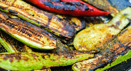 Grilled vegetables on a grill pan, outdoor