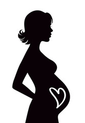 Vector silhouette of pregnant young woman with heart on her belly isolated on white background