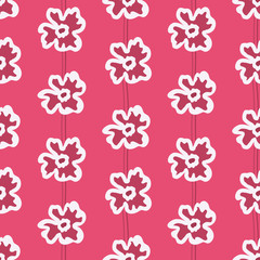 Floral background. Seamless pattern with white flowers on a pink background. It can be used for packing of gifts, registration of notebooks, diaries, tiles fabrics backgrounds. Vector illustration.