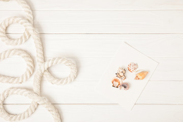 top view of white nautical rope and seashells on empty paper on wooden surface