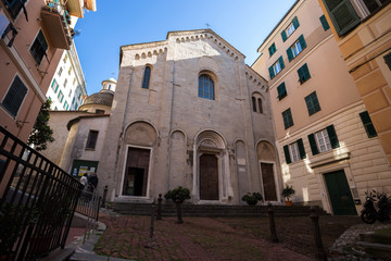 GENOA, ITALY, APRIL 5, 2018 - View of facade of Santa Maria di Castello church in old city centre of Genoa, Italy.