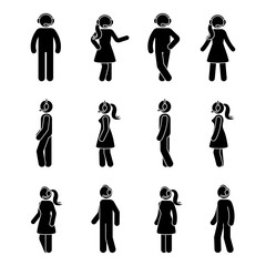 Stick figure customer support center icon set. Vector illustration of standing man and woman with headset on white.