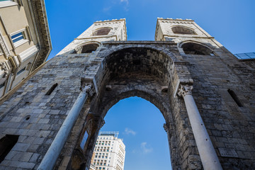 GENOA, ITALY, APRIL 5, 2018 - View of Porta Soprana or Saint Andrew's Gate in Genoa, Italy