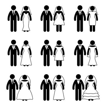 Stick figure just married groom and bride set. Vector illustration of happy newlyweds on white