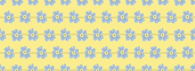 Floral border. Seamless pattern with blue flowers on a yellow background. It can be used for websites, packing of gifts, registration of notebooks, tiles fabrics backgrounds. Vector illustration.